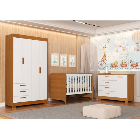 Quarto para Bebê Completo com Berço Evolution 4 em 1 Zaki Branco/Fosco/Savana
