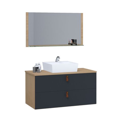 Gabinete Banheiro Berlim 60 Cm Armário com Espelheira e Cuba:freijo/titanium