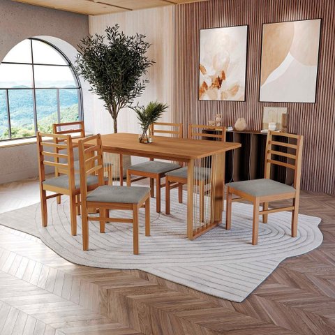 Conjunto Sala de Jantar Elisa em Madeira Maciça 6 Cadeiras Boucle Cinza