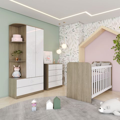 Quarto de Bebê Berço Guarda-Roupa e Cômoda Sonho Encantado Espresso Móveis Marrom/Rústico/Branco