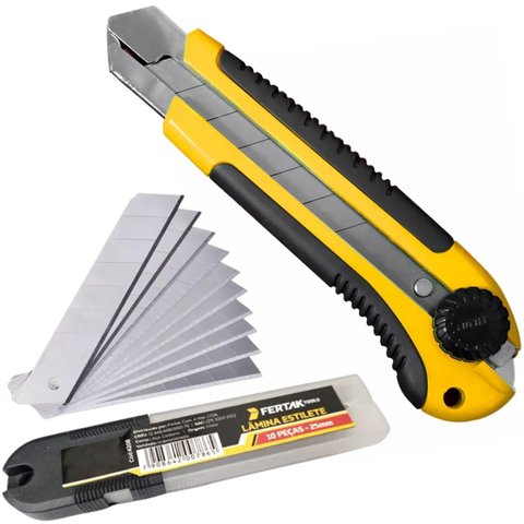 Estilete Profissional Emborrachado 25mm com Trava Giratória + 10 Lâminas