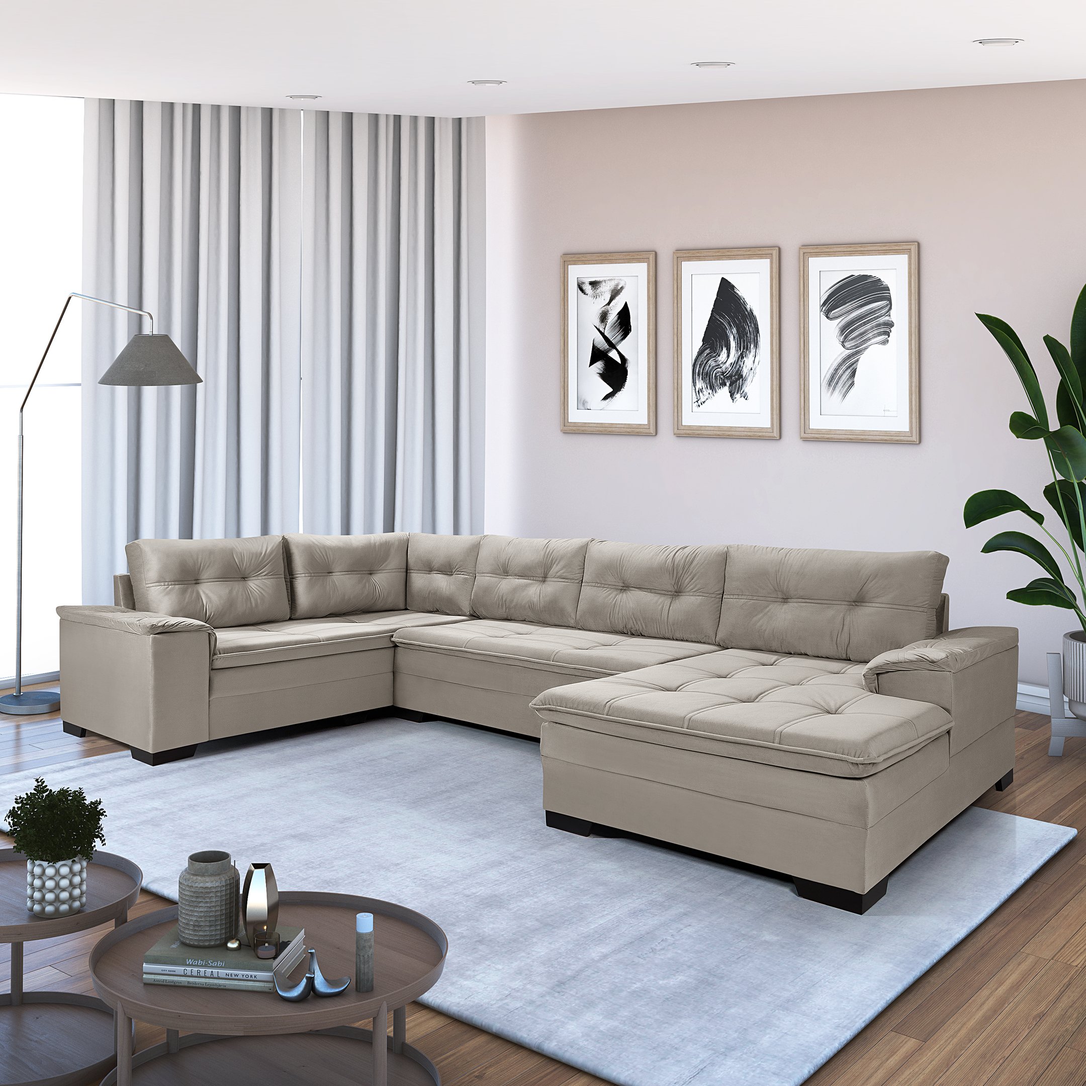 Sofá de Canto 6 Lugares com Chaise Suede Aveludado Viena 