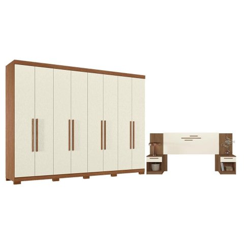 Guarda Roupa Casal 8 Portas 4 Gavetas Master New com Pés e Cabeceira Casal Loanda com Gavetas Jatobá
