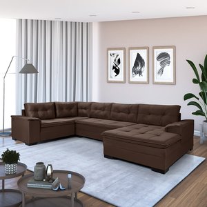 Sofá de Canto 6 Lugares com Chaise Suede Aveludado Viena