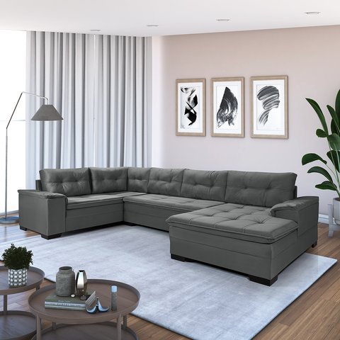 Sofá de Canto 6 Lugares com Chaise 3,42m Suede Cinza 