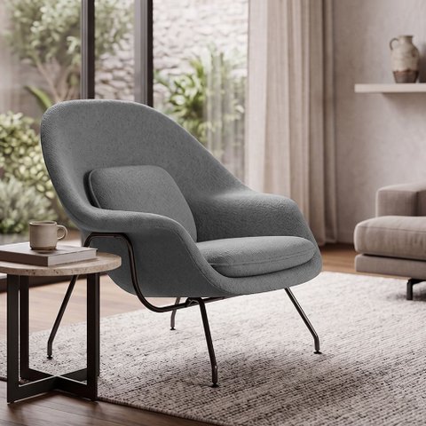Poltrona Womb Chair sem Puff Linho Base Preta Linha Premium Design Moderno Sala Leitura - Cinza