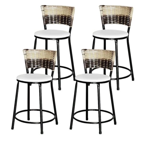 Jogo 4 Banqueta Baixa Ratan Hawai Preta Cappuccino Premium  