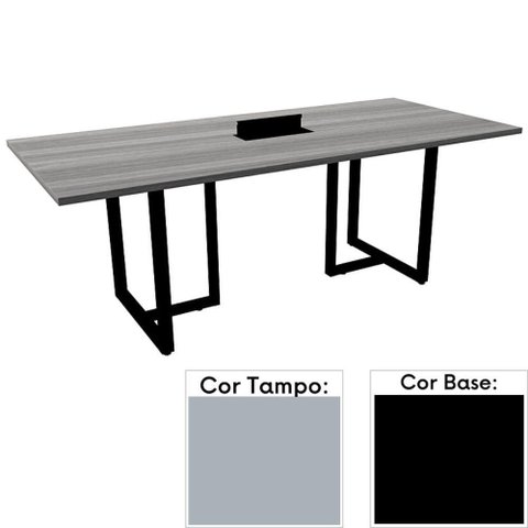 Mesa de Reunião com Caixa de Tomada Retangular 200 x 90 cm Pé Tubular PE25 em MDP Cinza Base Preta