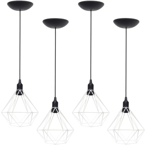 4 Pendentes Aramado Diamante Luminária Lustre P Teto Retrô Vintage Industrial Balcão Branco