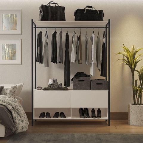 Closet Estilo Industrial Dallas 2 Gavetas Klm Móveis Preto com Off White