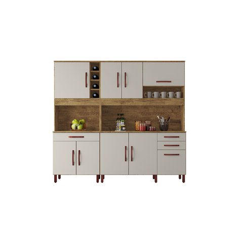 Cozinha Completa Armário e Balcão Diamante 9 Portas 3 Gavetas Adega Pé Regulável Ipê Off White