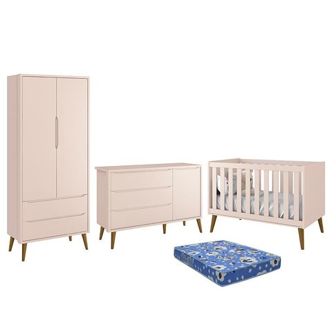 Dormitório Infantil Theo Retrô 2 Portas, Cômoda 1 Porta, Berço Rosa com Pés Amadeirado e Colchão - R