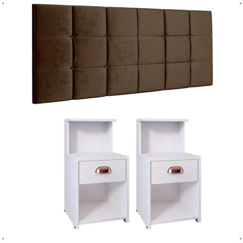 Kit Quarto 2 Mesinhas Pequena Gaveta Nicho Mudo Retrô Cabeceira Estofada Suspensa Cama Box Casal 1,