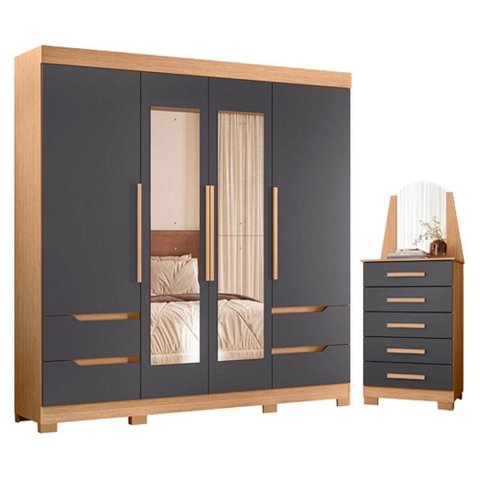 Guarda Roupa Solteiro com Cômoda Vivacce 4 Portas de Bater com Espelho 5 Gavetas MDP Titânio