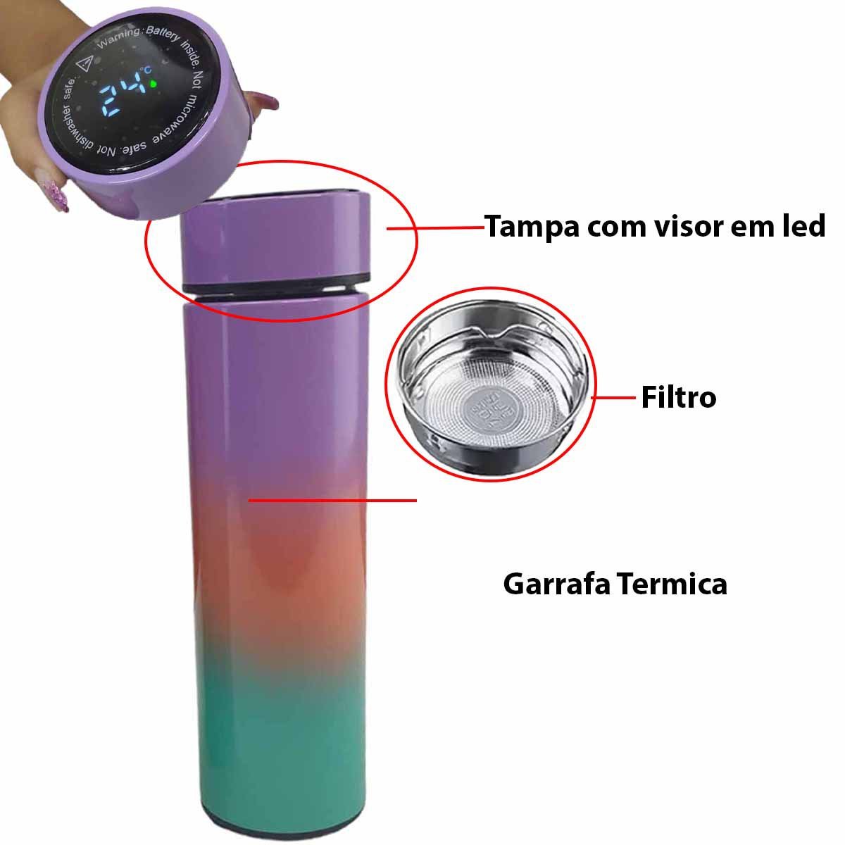 Garrafa Termica Inox Sensor Temperatura Kit 2 Squeeze Resistente Led Visor Treino Academia Estudos C - 3