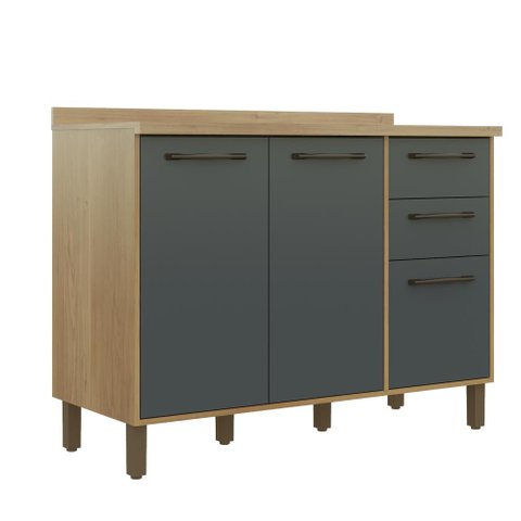Balcão Armário Multiuso Grande 3 Portas 2 Gavetas 1 Prateleira Para Cozinha Marrom Madeira Cinza
