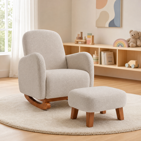 Poltrona Amamentação Soft Bouclé Base Balanço com Puff:Bege