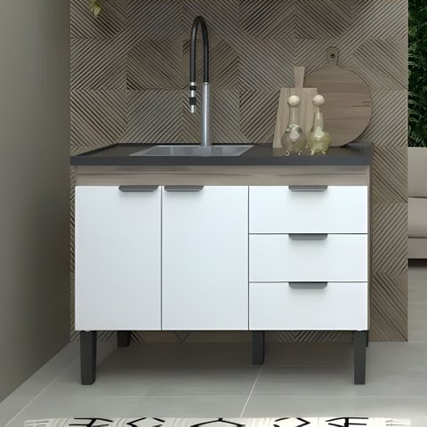 Gabinete Cozinha 2 Portas e 3 Gavetas Armário de Pia 114cm: Tamarindo/Branco