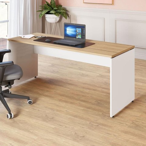 Mesa Escritório Escrivaninha 180cm X 70cm Pés Painel F5 Cor:macadâmia com Branco