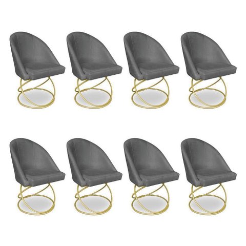 Kit 08 Cadeiras Poltrona de Jantar Bela Veludo Grafite Base Metálica Luxo Dourado - Pallazio