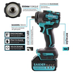 Parafusadeira Chave de Impacto 21v S/ Fio 550nm Saider Sa0004 + 2 Baterias - 3
