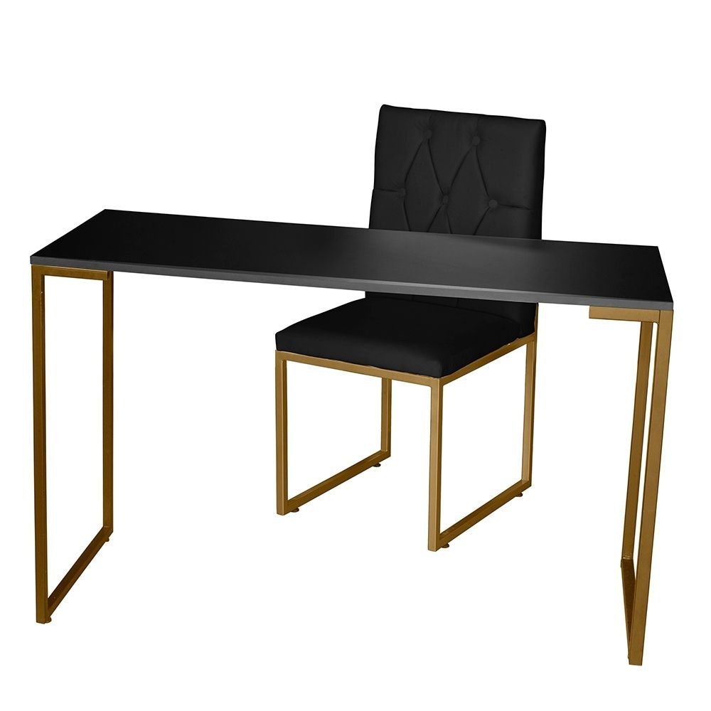 Kit Home Office Mesa Para Escritorio com Cadeira Malta Ferro Dourado Suede Preto - Móveis Mafer - 2