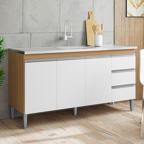 Balcão de Pia Ambiente Andréia 150cm Amêndoa Branco - Ajl