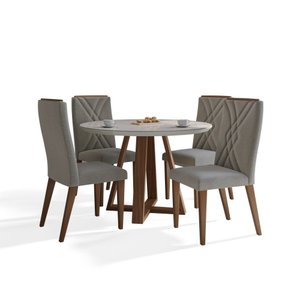 Mesa Redonda Benedicta Vidro Off White com 4 Cadeiras Linho Cinza