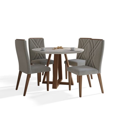 Mesa Redonda Benedicta Vidro Off White com 4 Cadeiras Linho Cinza