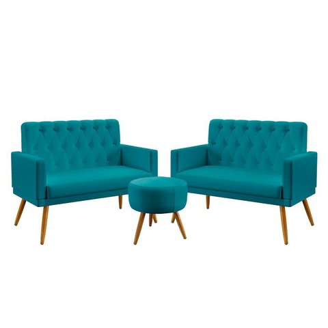 Kit 2 Poltronas Namoradeira Nina Rodapé e Capitonê com Puff Solar Suede Azul Turquesa Aradecor