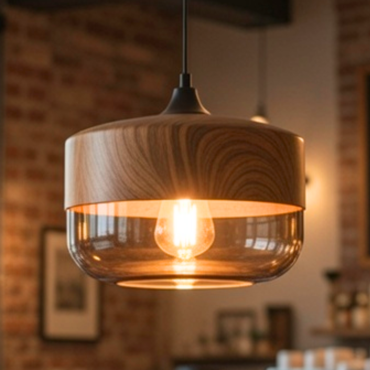 Ver imagem 1 de Lustre Pendente 25cm Vidro Âmbar Metal Madeira Redondo Luminária Teto Gimpo Kjdde-268