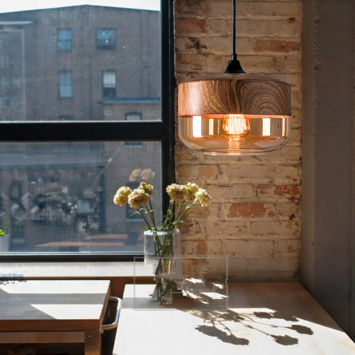 Ver imagem 7 de Lustre Pendente 25cm Vidro Âmbar Metal Madeira Redondo Luminária Teto Gimpo Kjdde-268