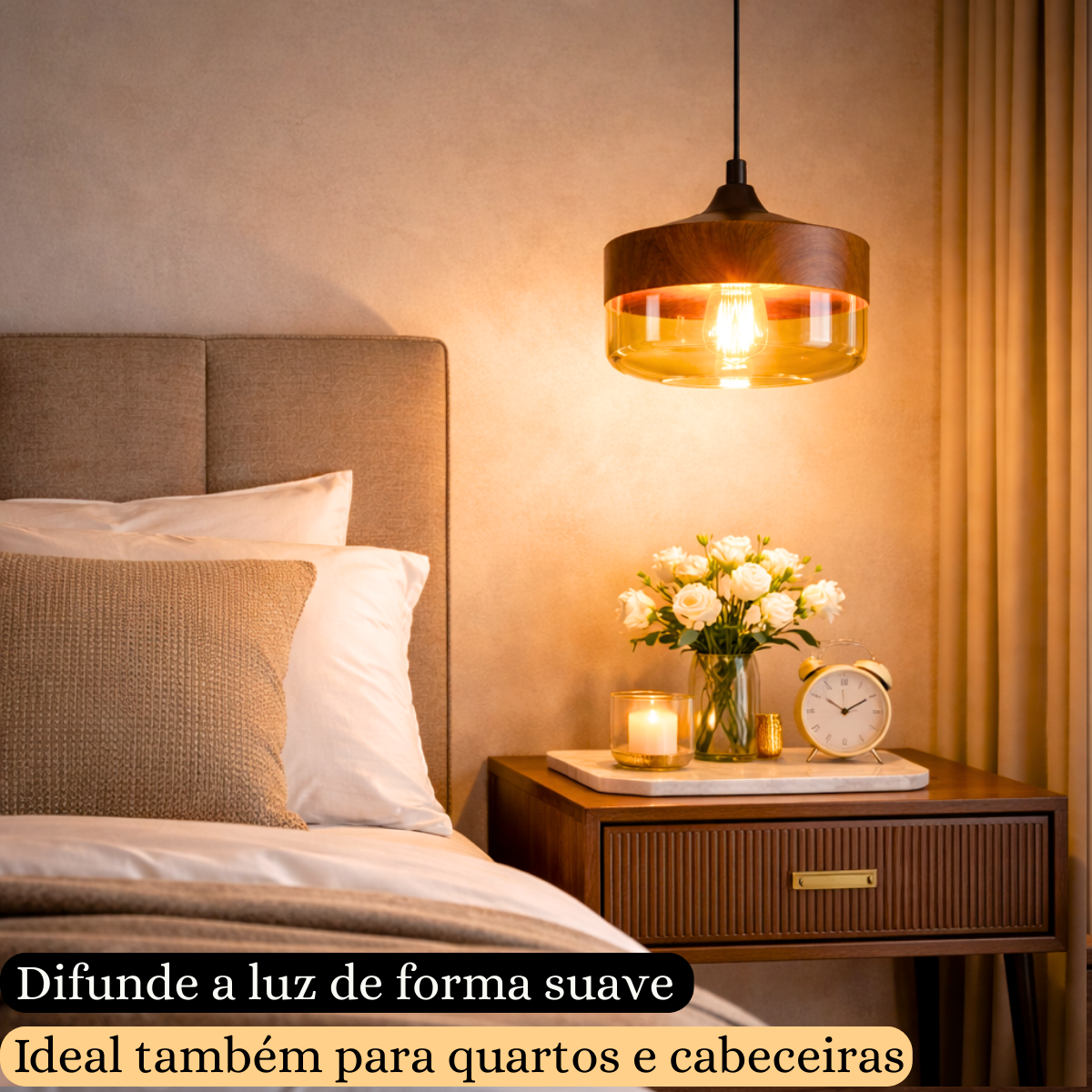 Ver imagem 6 de Lustre Pendente 25cm Vidro Âmbar Metal Madeira Redondo Luminária Teto Gimpo Kjdde-268