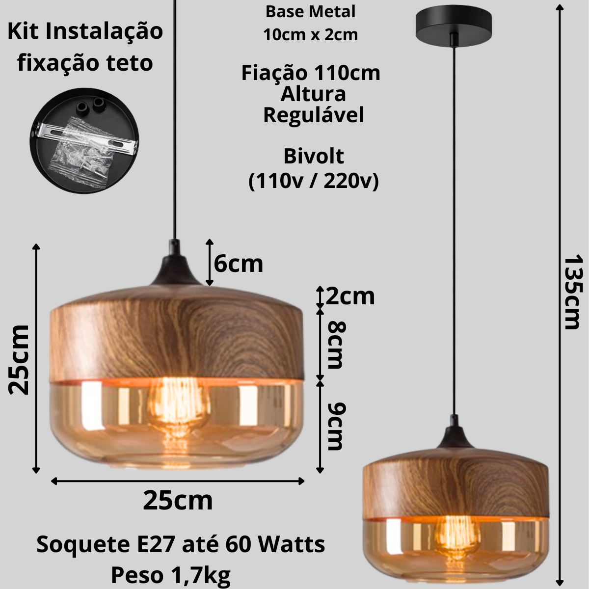 Ver imagem 5 de Lustre Pendente 25cm Vidro Âmbar Metal Madeira Redondo Luminária Teto Gimpo Kjdde-268