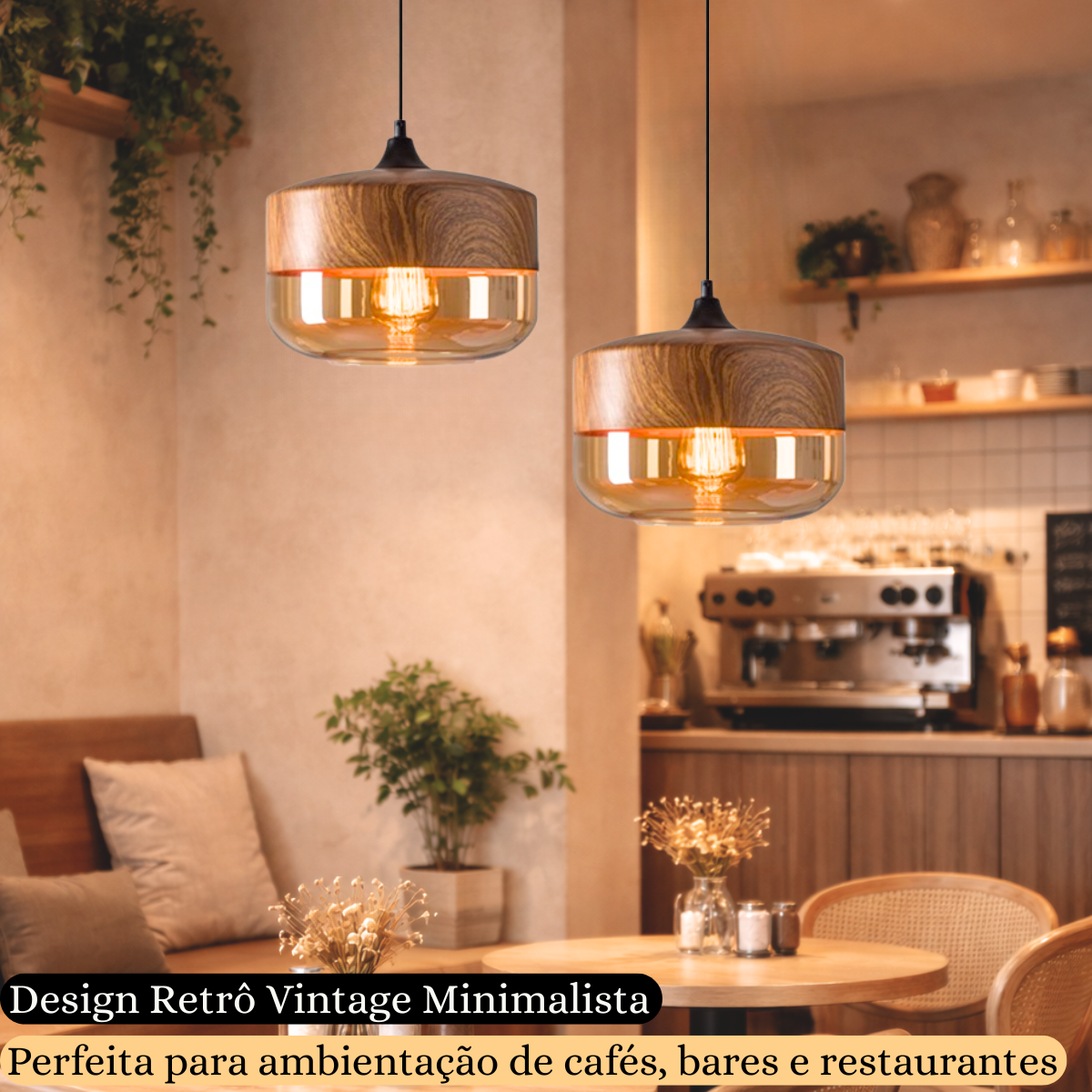 Ver imagem 2 de Lustre Pendente 25cm Vidro Âmbar Metal Madeira Redondo Luminária Teto Gimpo Kjdde-268