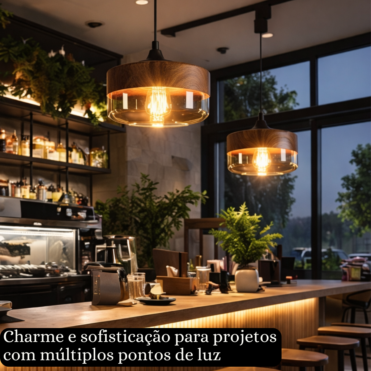 Ver imagem 4 de Lustre Pendente 25cm Vidro Âmbar Metal Madeira Redondo Luminária Teto Gimpo Kjdde-268