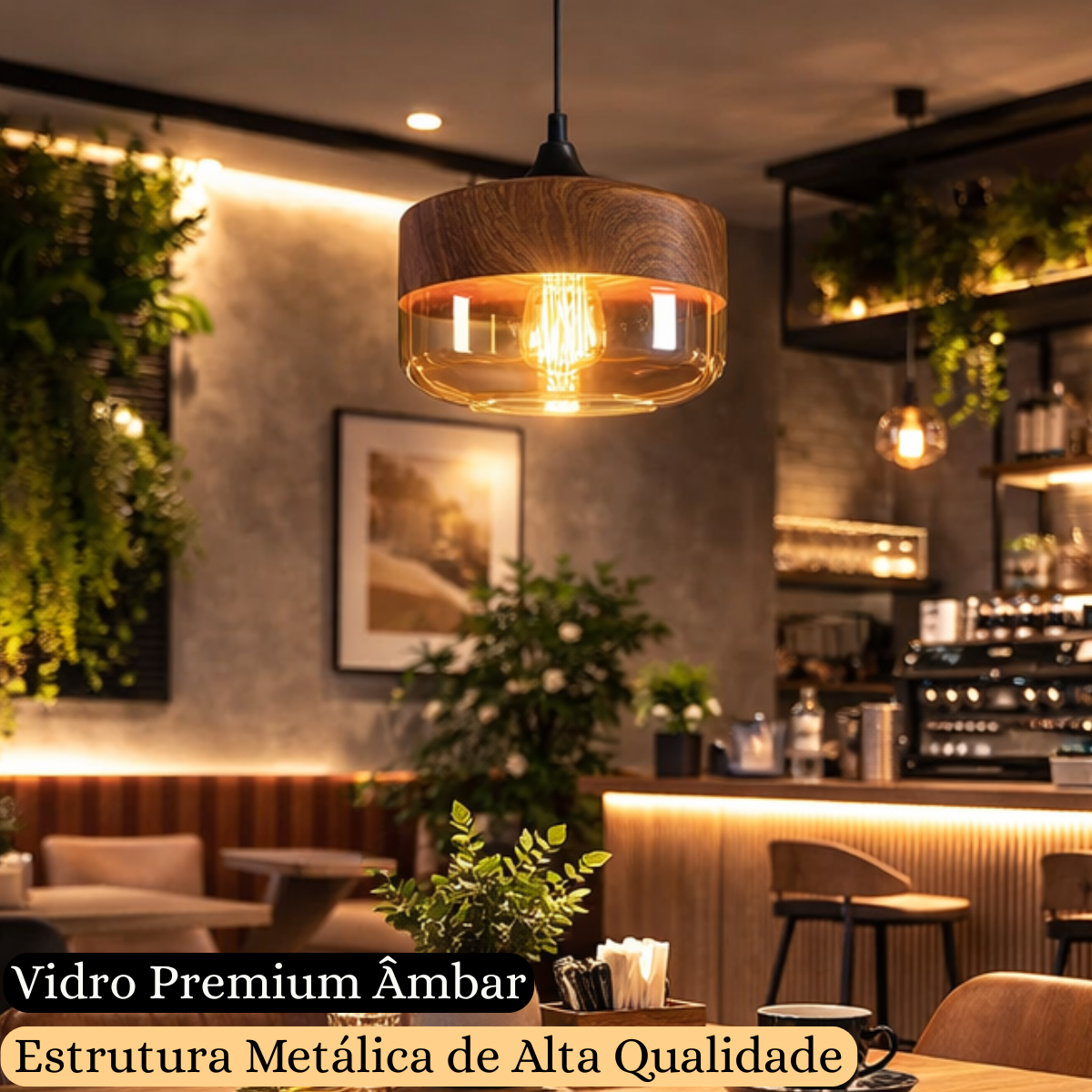 Ver imagem 3 de Lustre Pendente 25cm Vidro Âmbar Metal Madeira Redondo Luminária Teto Gimpo Kjdde-268