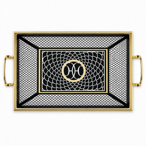 Bandeja Decorativa Preta com Branco e Dourado 30x45 cm
