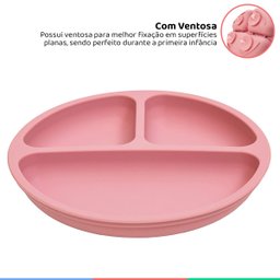 Prato de Silicone Bebe Alimentação Infantil +6 Meses c/ Ventosas 3 Divisórias Rosa Buba Prato - Prat - 2