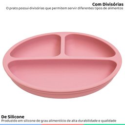 Prato de Silicone Bebe Alimentação Infantil +6 Meses c/ Ventosas 3 Divisórias Rosa Buba Prato - Prat - 3