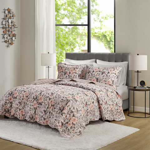 Cobre Leito Colcha King Dupla Face 03 Peças com Porta Travesseiro Aba Americana Rosa