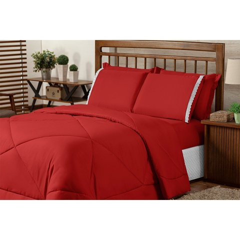 Kit 6 Peças Edredom Lençol Queen Mais Fronha e Porta Travesseiro:queen/vermelho