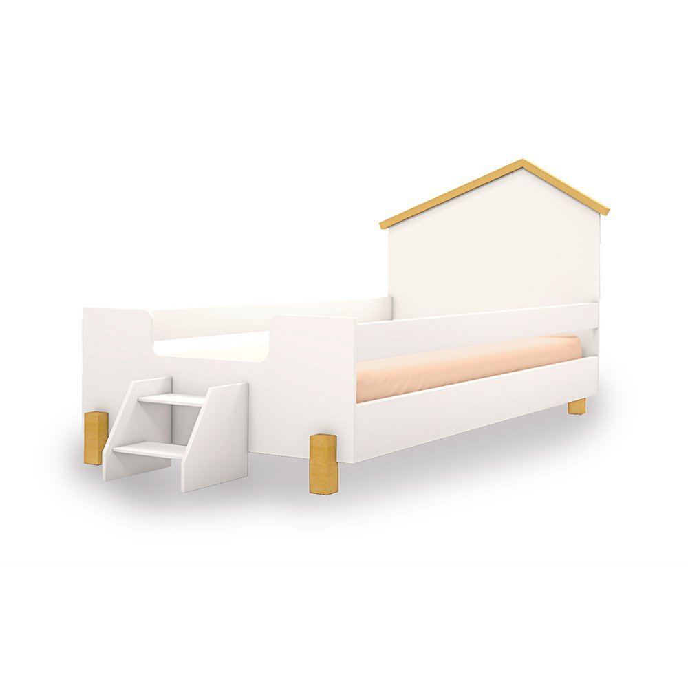 Cama Infantil Montessoriana Solteiro Incluso Colchão, Escadinha e Luminária LED Ayla - Branca/Natura