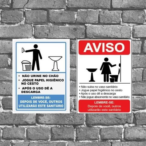 Kit 2 Placas Avisos Banheiro Homem e Mulher 18x27cm