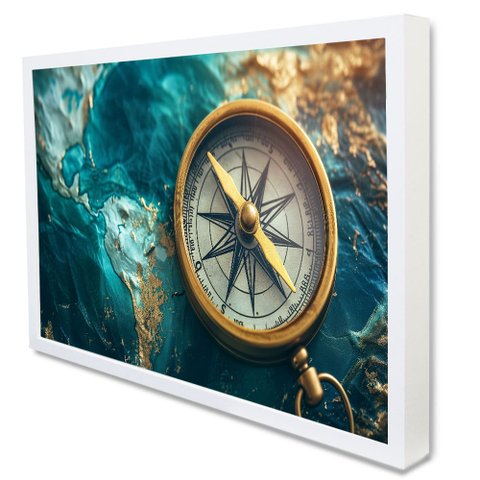Quadro Decorativo a Bussola e o Mapa em Moldura Caixa Tacolado Moldura Caixa 3cm Branca sem Vidro 30