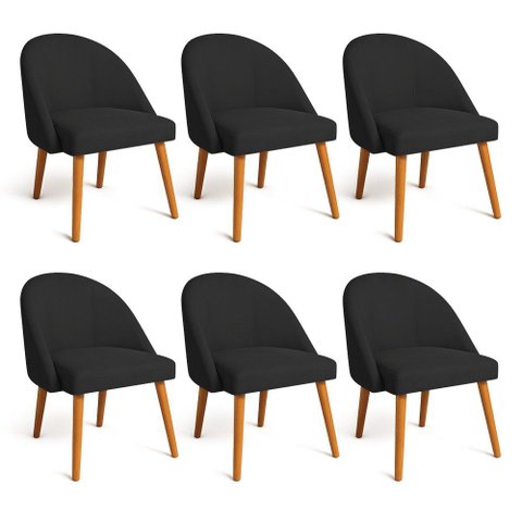 Kit 06 Cadeiras Poltrona de Jantar Luna Suede Pés Palito Castanho - Pallazio:Preto