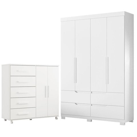 Guarda Roupa Solteiro Doble 04 Portas e Cômoda Toronto Branco - Móveis Albatroz