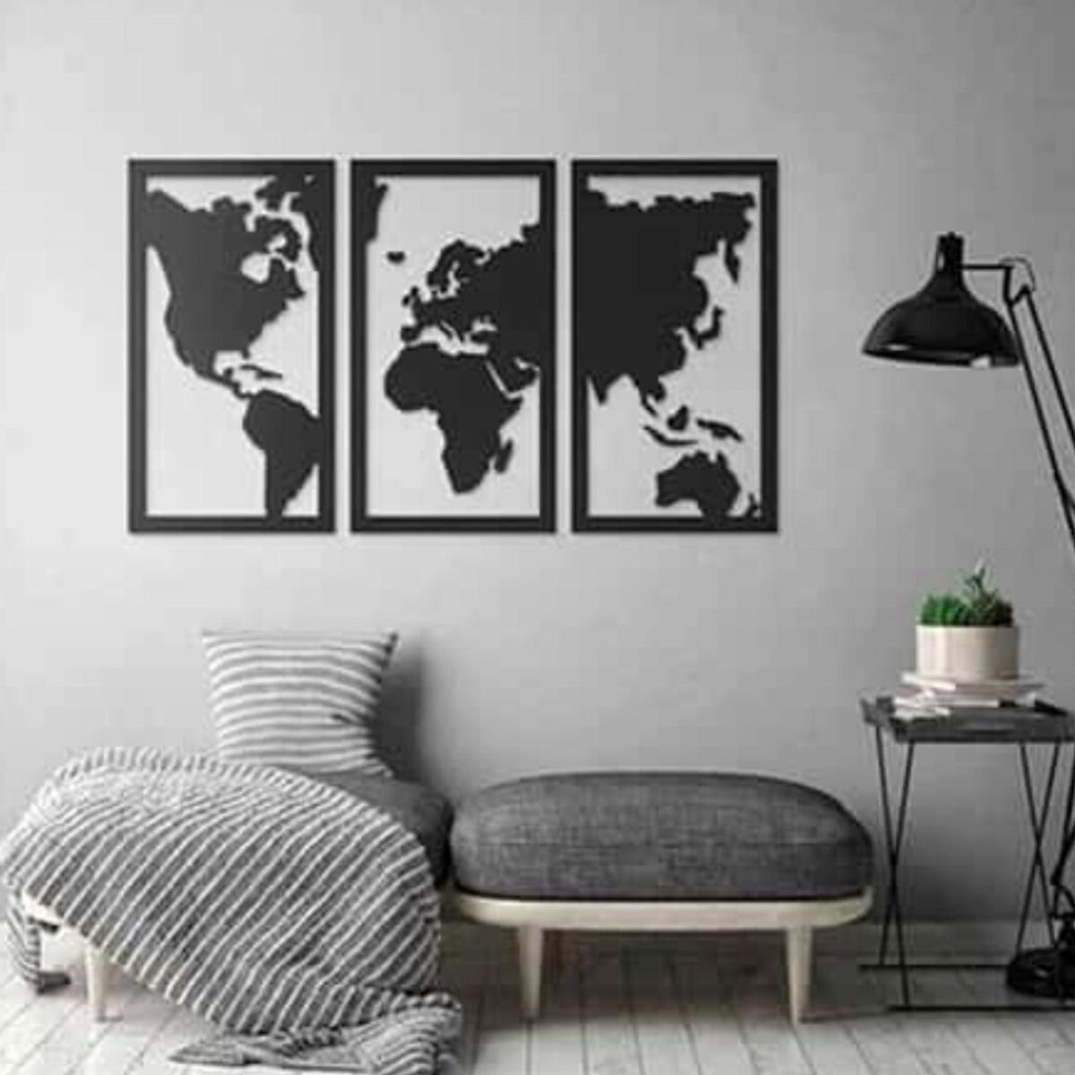 Quadro Decoração Vazado Mapa Mundi Mdf 6mm Preto 100x60 Cm