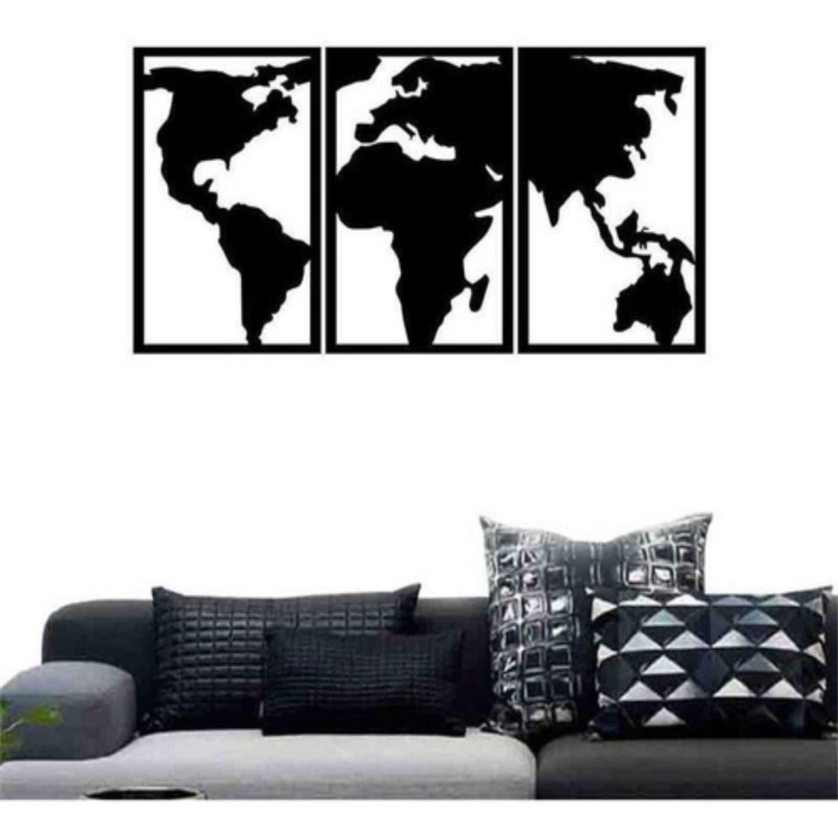 Quadro Decoração Vazado Mapa Mundi Mdf 6mm Preto 100x60 Cm - 3