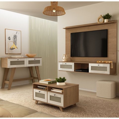 Conjunto Sala Painel P/ Tv até 72 com 2 Portas, Aparador 2 Gavetas, Mesa de Centro Cinamomo/off Whit